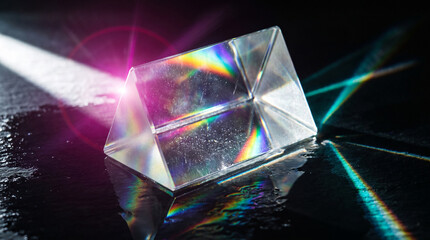 Obraz premium Triangular crystal prism lying on wet dark glossy surface refracting white light beam into rainbow color spectrum. Physics optics experiment, bright lens flare reflection.