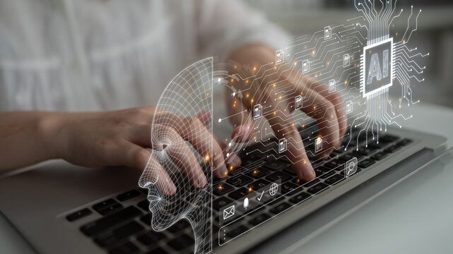 Artificial intelligence interface concept showing human centered interaction, smart search, chat and automated assistance for future workflows and data analytics. Corpus