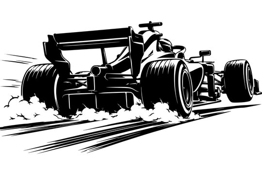 Open wheel racing car. Starting grid launch. Hard acceleration and speed. Monochrome motorsport design
