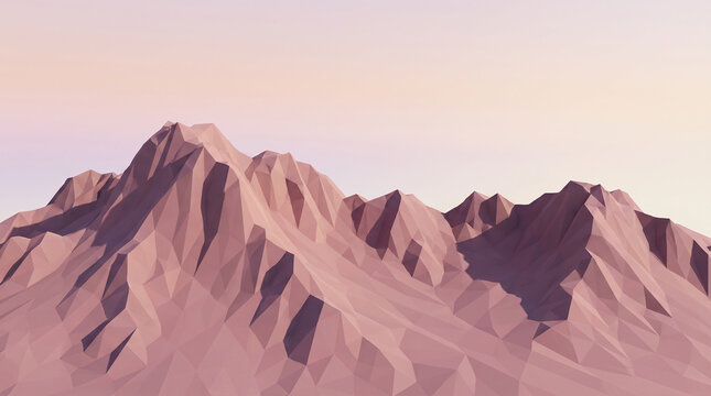 Low poly 3D mountain range at sunset with pink and soft lilac gradient sky. Minimalist geometric polygon peak landscape for website headers, panoramic banners, and game art.