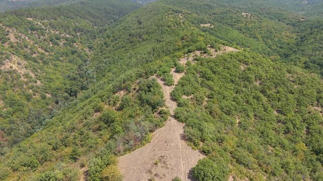 Aerial view of forested ridges near the Stob Pyramids, Bulgaria