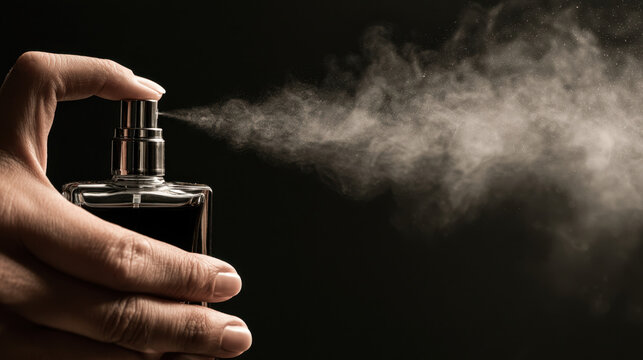 Hand pressing a perfume atomizer as a fine fragrance mist sprays across a dark background in a dramatic luxury product scene