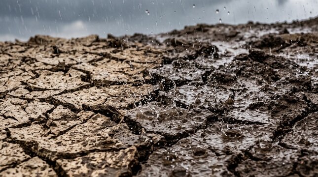 Heavy rain falling on parched, cracked earth in a droughtstricken landscape, showing the contrast between extreme dryness and the arrival of water during a storm