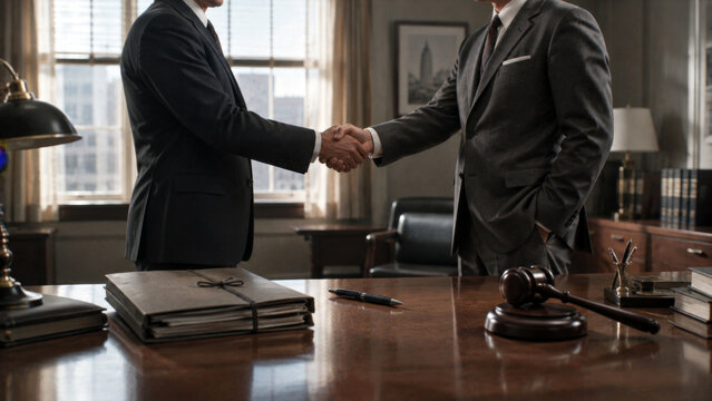 Two businessmen shaking hands in a professional office, representing agreement, partnership, negotiation and successful business deal