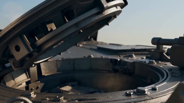 Heavy circular metal hatch lifts open on an armored vehicle roof, revealing dark recessed opening beneath thick metal panels, bolts and hinges in warm outdoor sunlight
