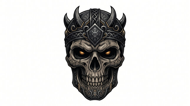 Undead warrior skull with horned helmet and runic engravings