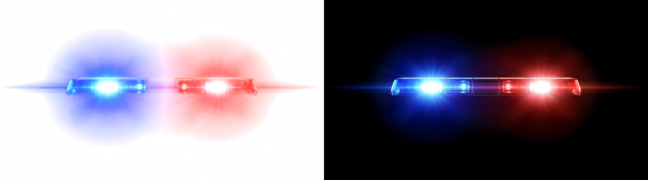 Police Car Light Bar Glow Overlay with Red and Blue Flare Effects on Black