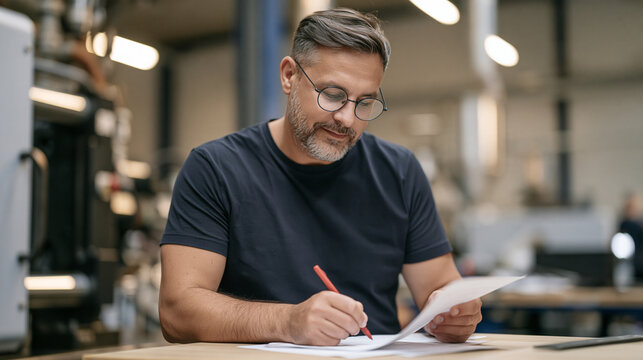 Close-up of a man with round glasses reviewing a printed production run report beside an injection molding machine, marking cycle time deviations and reject rate anomalies with a