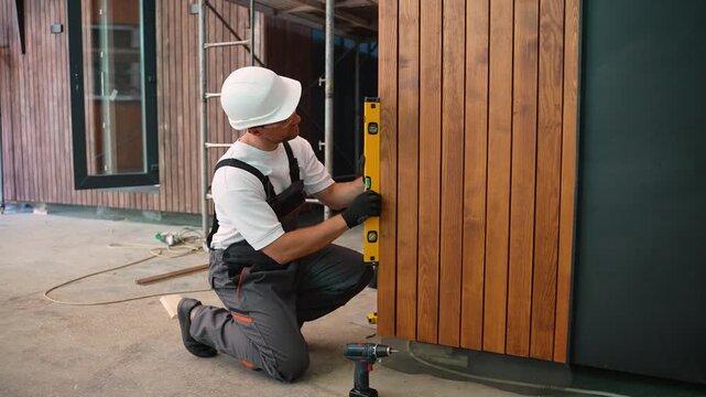 Professional carpenter installing a wooden sliding door