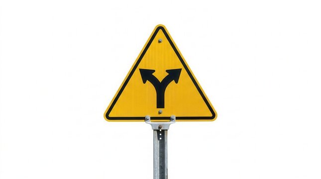 Fork In The Road Sign Showing Two Directions Ahead On Isolated White Background
