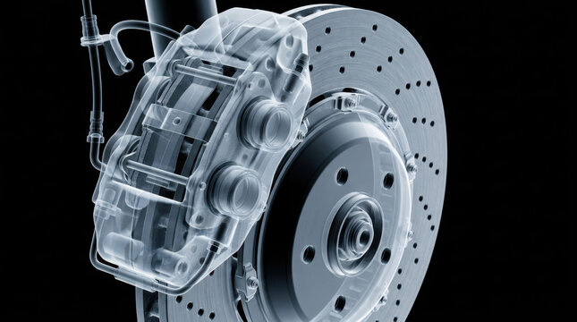 Technical X ray braking system high end metallic component with ventilated disc and hydraulic caliper isolated against black background