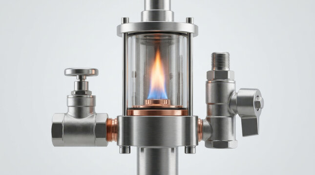 Detailed mechanical valve and combustion chamber with blue orange flame, copper pipe, steel fitting, and transparent industrial housing