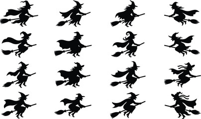 Fototapeta premium Black silhouette vector collection of witches flying on broomsticks with pointed hats and magical poses