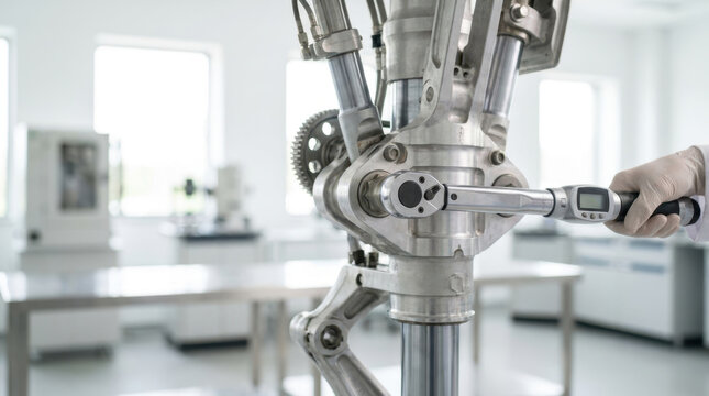 Industrial robotic arm close up with digital torque tool in clean laboratory, showing precision manufacturing and modern automation