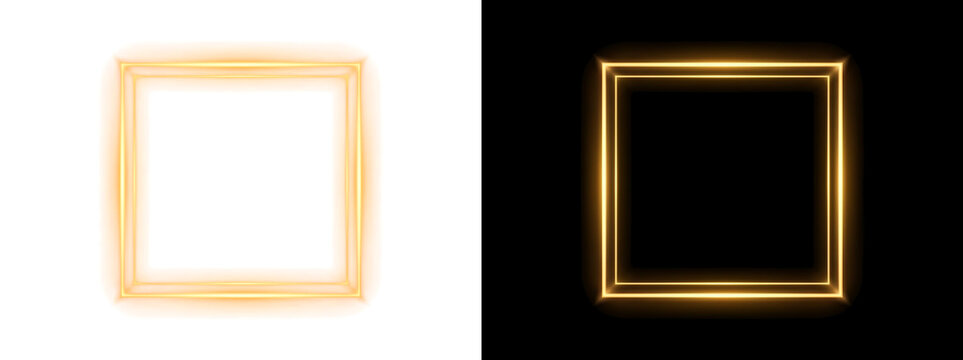 Golden light frame square border with radiant double line glow, luxury decorative effect overlay isolated on transparent background