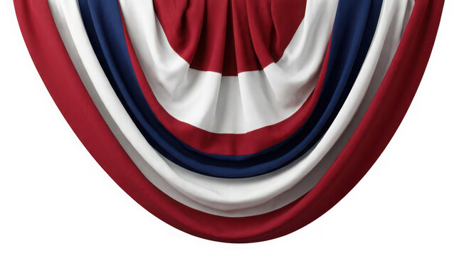 Red, white, and blue fabric bunting draped in a festive semicircular pattern isolated on transparent background