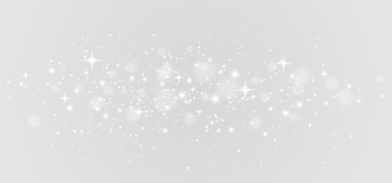 Silver glitter particles with soft white bokeh. Clean sparkling background for wedding, beauty, luxury, celebration, invitation or elegant modern design. Christmas dust effect. Vector illustration.