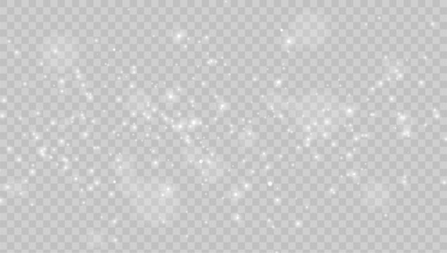 White glitter particles and soft glowing bokeh. Sparkling effect for wedding, celebration, beauty, luxury or elegant design. Christmas magic overlay template. Vector illustration.