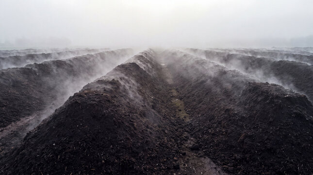 Steaming compost windrows in long rows at an organic waste composting site