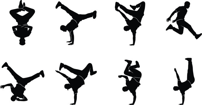 Set of male breakdancer silhouettes performing dynamic street dance moves and acrobatic poses isolated on a plain white background