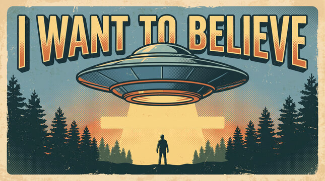 I want to belive poster. Ufo poster. I want to belive. Vintage illustration.
