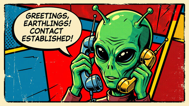 Alien speaking on phone pop art illustration. 
