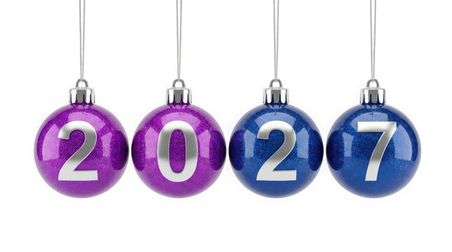 Four hanging christmas baubles with the year 2027 in silver glittery numbers isolated on transparent background
