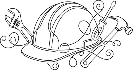 Obraz premium Continuous single line of a construction safety helmet surrounded by various repair tools including a wrench, screwdriver, and a hammer