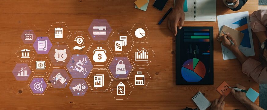Modern budgeting and financial management icons showing finance, savings, tax, and planning. Budget supports business strategy, budget helps growth, and budgeting ensures financial control. Entice