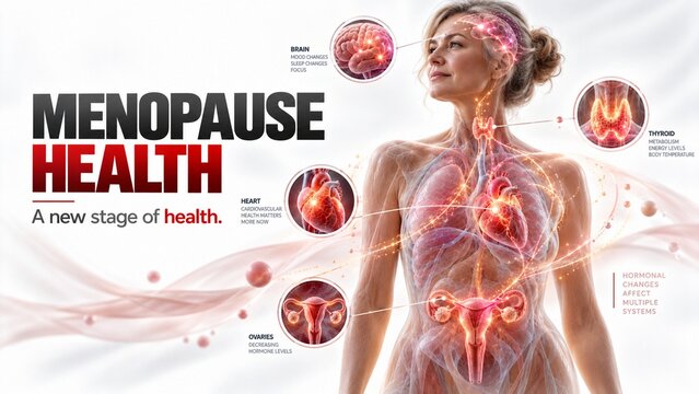 Menopause Health Infographic Illustrating Hormonal Changes on Brain, Heart, Thyroid, and Female Anatomy