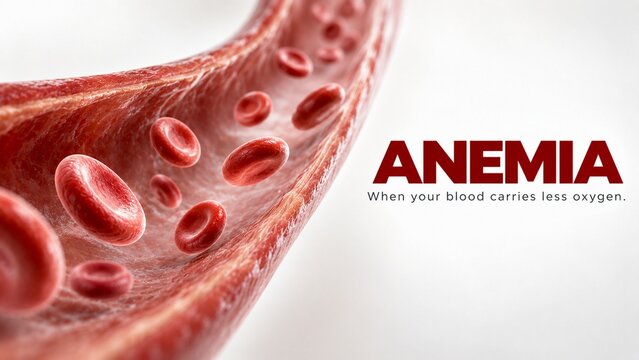 Medical Illustration of Anemia Showing Red Blood Cells in Vessel with Oxygen Level Explanation