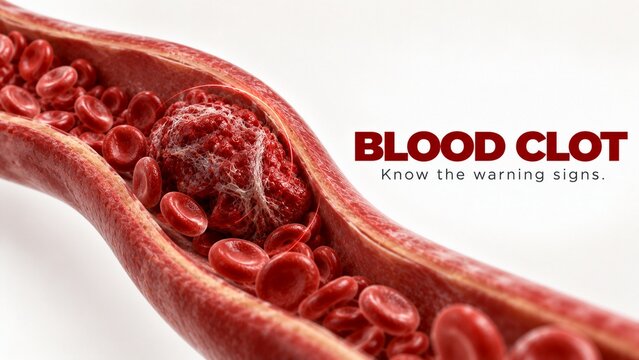 Medical Illustration of a Blood Clot Thrombus Blocking a Blood Vessel with Warning Signs Text