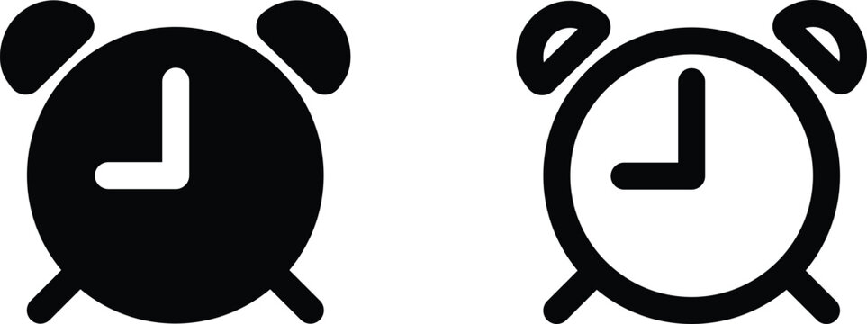 Alarm clock icon set presented in solid black silhouette and clean outline vector styles, perfect for time management apps, morning routine trackers, scheduling, and deadline reminders.