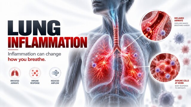 Medical Illustration of Human Lung Inflammation Showing Inflamed Airways and Immune System Response