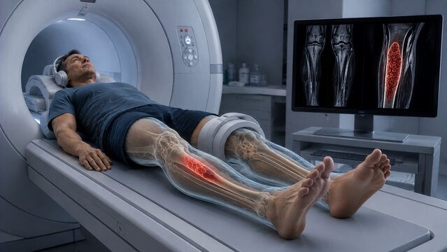 MRI Diagnostic Scan of Male Patient Legs with Anatomical Bone Overlay Highlighting Shin Injury or Bone Tumor