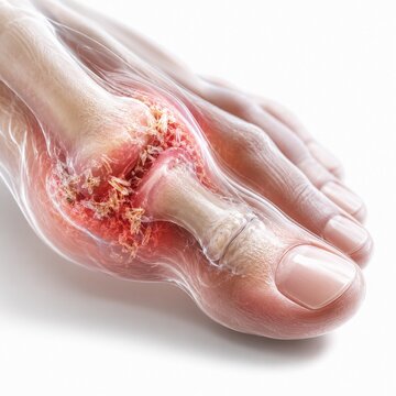 3D Medical Illustration of Gout Inflammation and Uric Acid Crystals in the Human Big Toe Joint