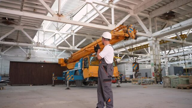 Construction worker operating mobile crane remote control