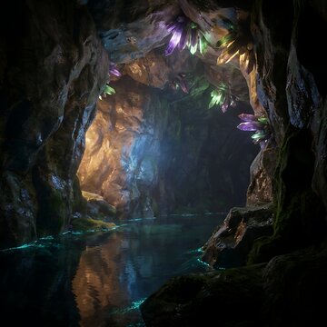 Underground Cave With Luminous Minerals Turquoise Algae and Subterranean Pool