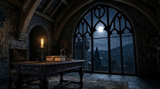 Gothic Castle Interior With Arched Window Moonlight Candle and Antique Book