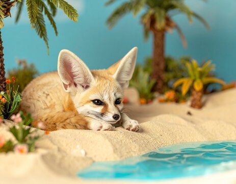 フェネック　Cute fennec fox resting in a desert oasis with palm trees

　