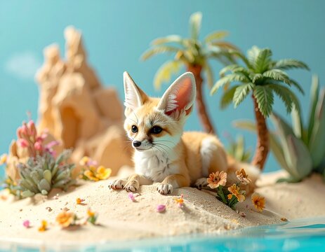 フェネック　Cute fennec fox resting in a desert oasis with palm trees

　