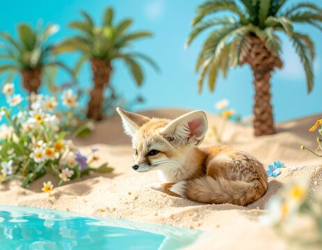 フェネック　Cute fennec fox resting in a desert oasis with palm trees

　