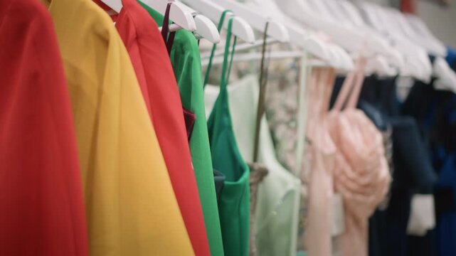 Close up of colorful dresses hanging on rack in various shades including red yellow green and pink. Dresses are displayed with hangers visible against indoor background. Soft lighting