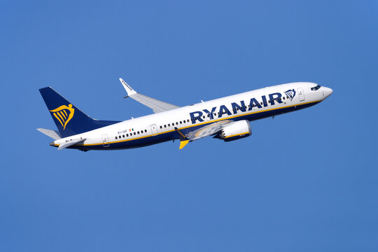 Luqa, Malta - September 4, 2026: Ryanair Boeing 737-8 MAX 200 (REG: EI-IGF) on deprture runway 13 to London Stansted as flight FR4207.