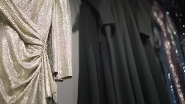 Close up of shimmering silver fabric draped elegantly highlighting its metallic texture and soft folds. Background features dark hanging textiles with subtle sparkles under diffused lighting