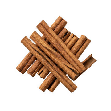 A stack of aromatic cinnamon sticks arranged in a cross pattern isolated on transparent background