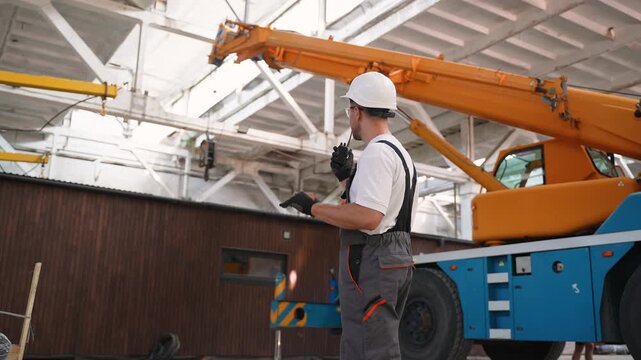 Construction worker operating a mobile crane with a walkie talkie