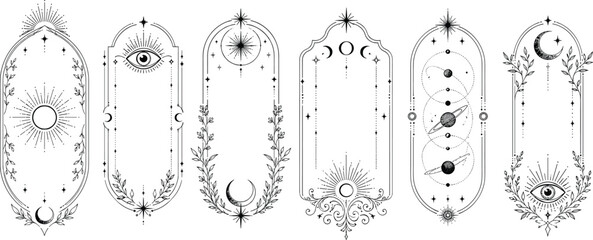 Celestial boho frames with moon phases, butterfly and mystical arch design, abstract vector set isolated on black background. Esoteric art with stars, sun symbols, and magical pattern, vintage borders © MODA