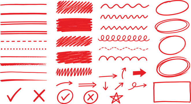 Hand drawn underline and scribble set, doodle brush stroke, correction scribble, paintbrush streak, highlighter marks, freehand marker swatches, vector illustration