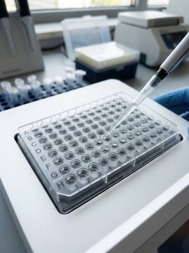 Scientific Laboratory Research Experiment Using Pipette And Microplate